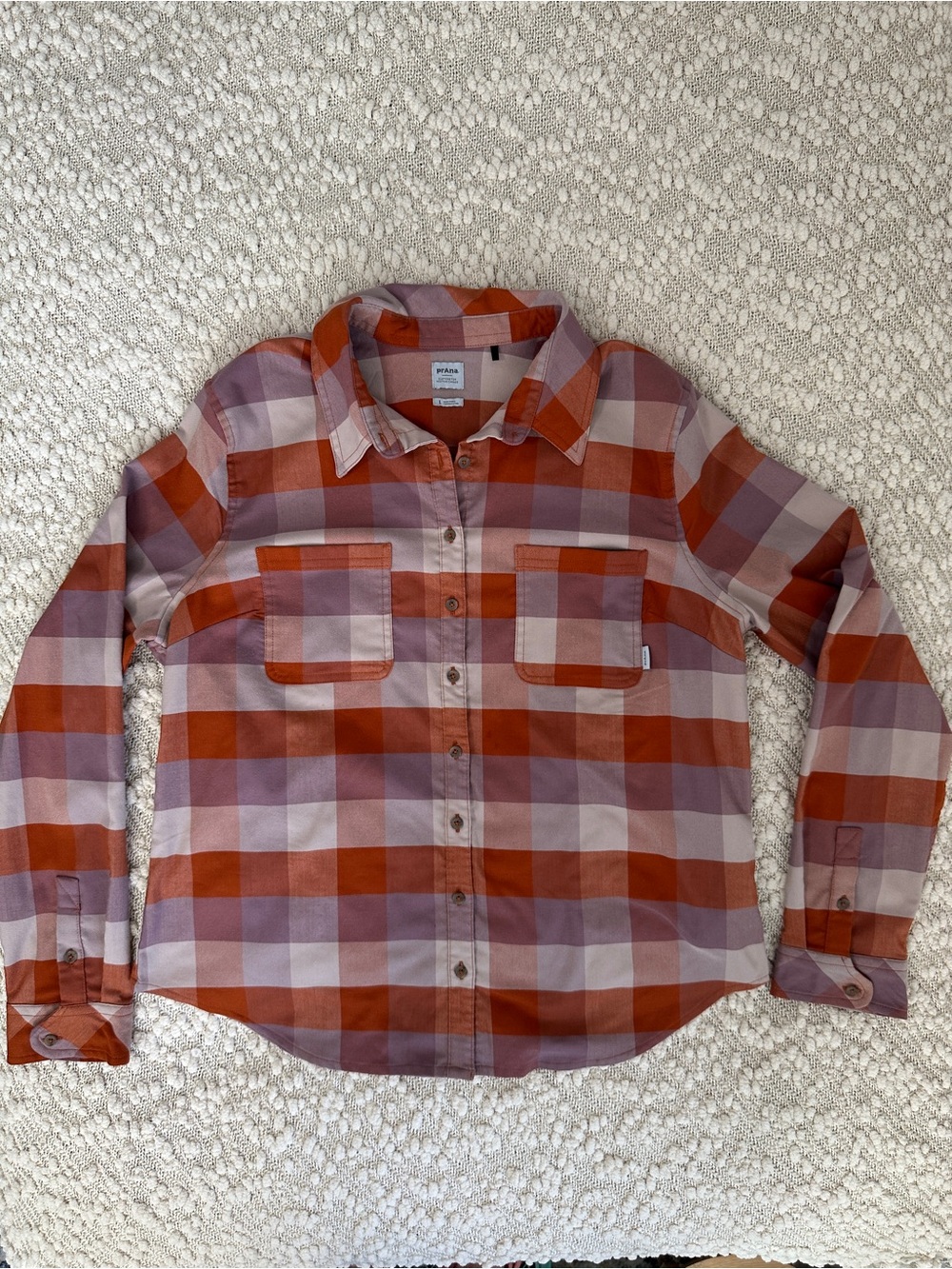 Prana Meadow Run Plannel Shirt Women Large Orange Brown Plaid Button Up